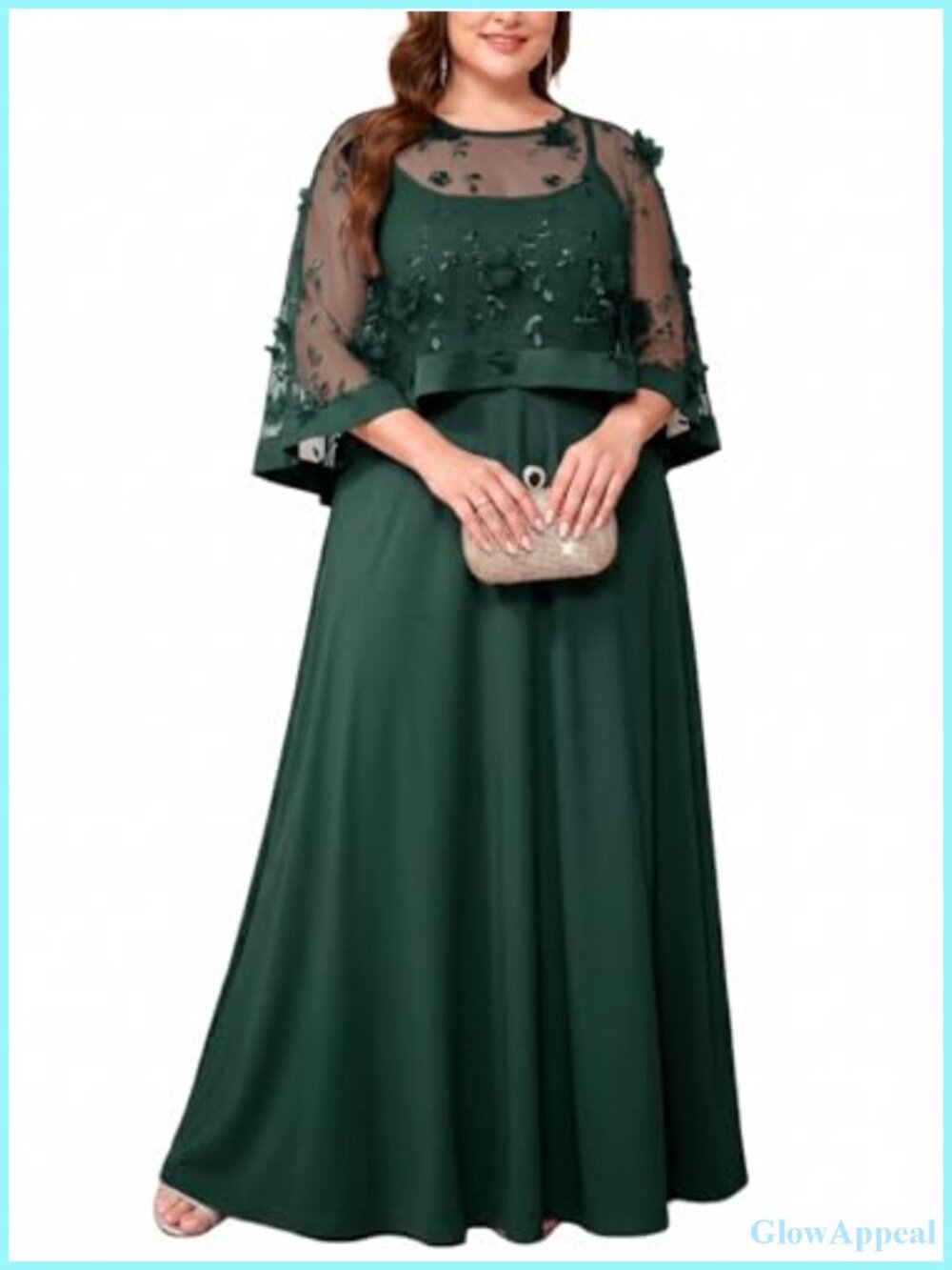 Plus Size 2-Piece Evening Dress with 3D Floral Mesh Cape A-Line Maxi Gown